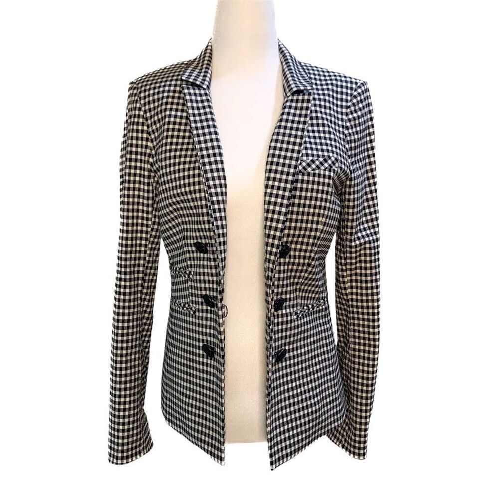 Veronica Beard Cottage Gingham Blazer Black White Double Breasted Size 2